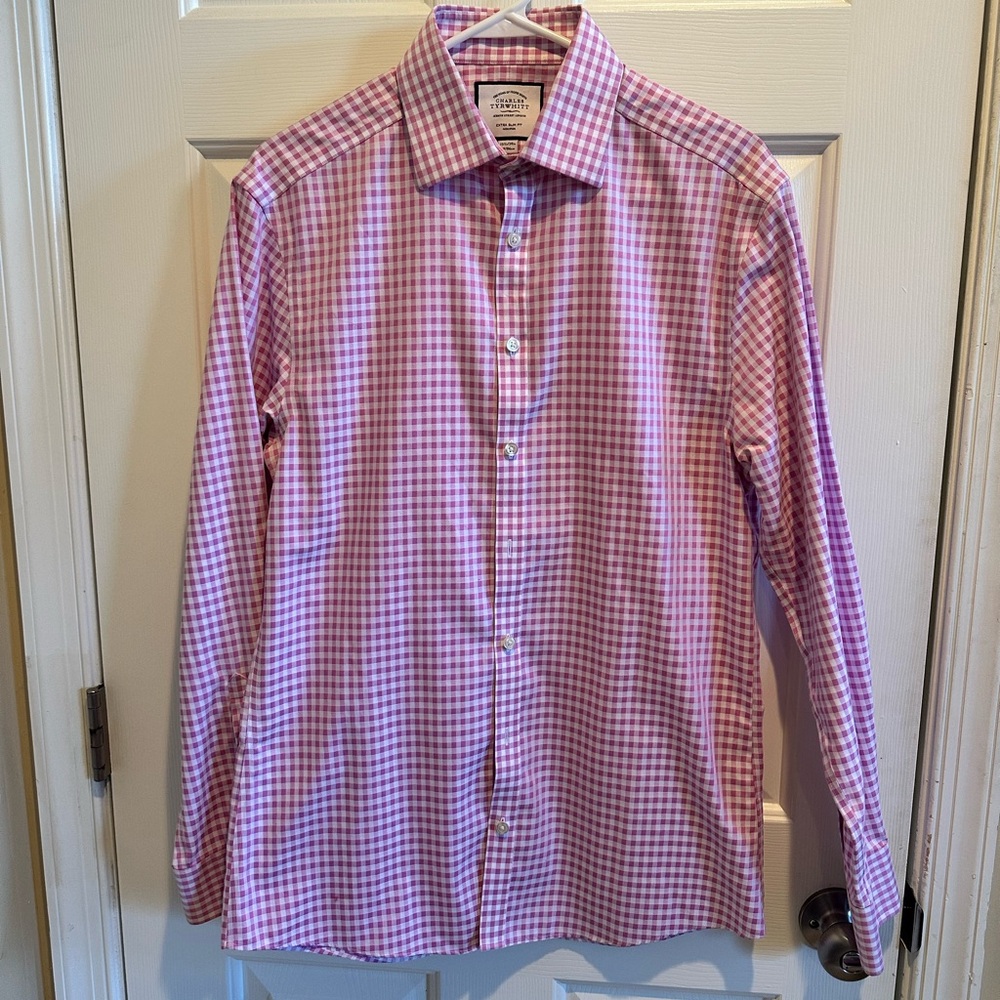 Charles Tyrwhitt Dress Shirt Men’s 15.5 34 Pink Check Extra Slim Fit Non Iron